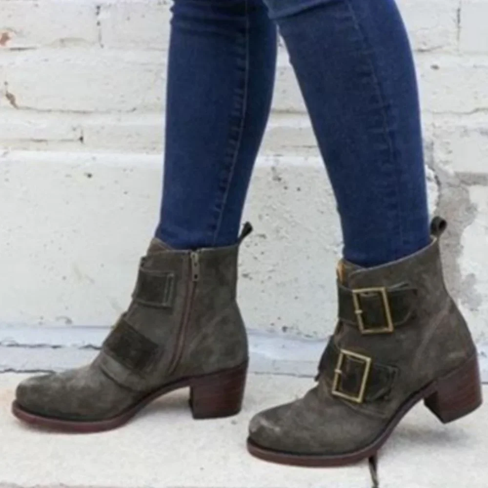 $399 Frye Sabrina Double Buckle Academia Green Suede Leather Moto Ankle Booties - Picture 2 of 15